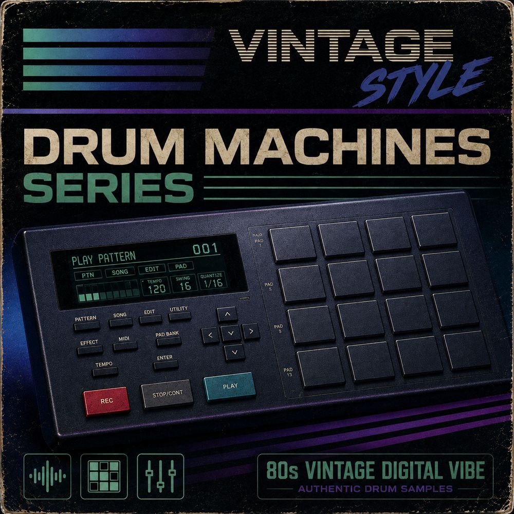 Artwork of Drum Machines: 80s Vintage Digital Vibe